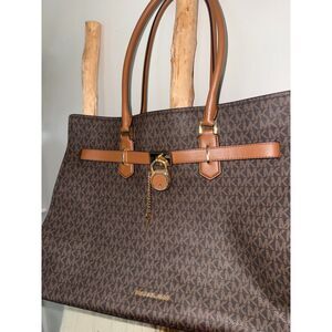 Michael Kors Hamilton Large Tote Brown MK Logo Lock Key Tan Trim Bag Purse